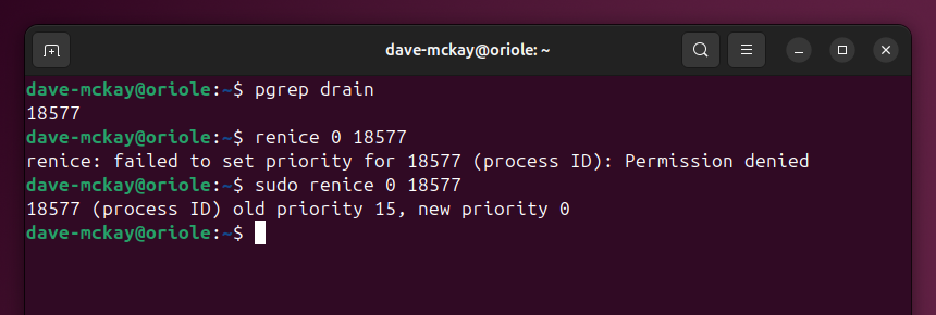 Using pgrep to obtain the PID of a process, then using renice to reduce its nice value. An attempt without sudo fails, an attempt with sudo succeeds.