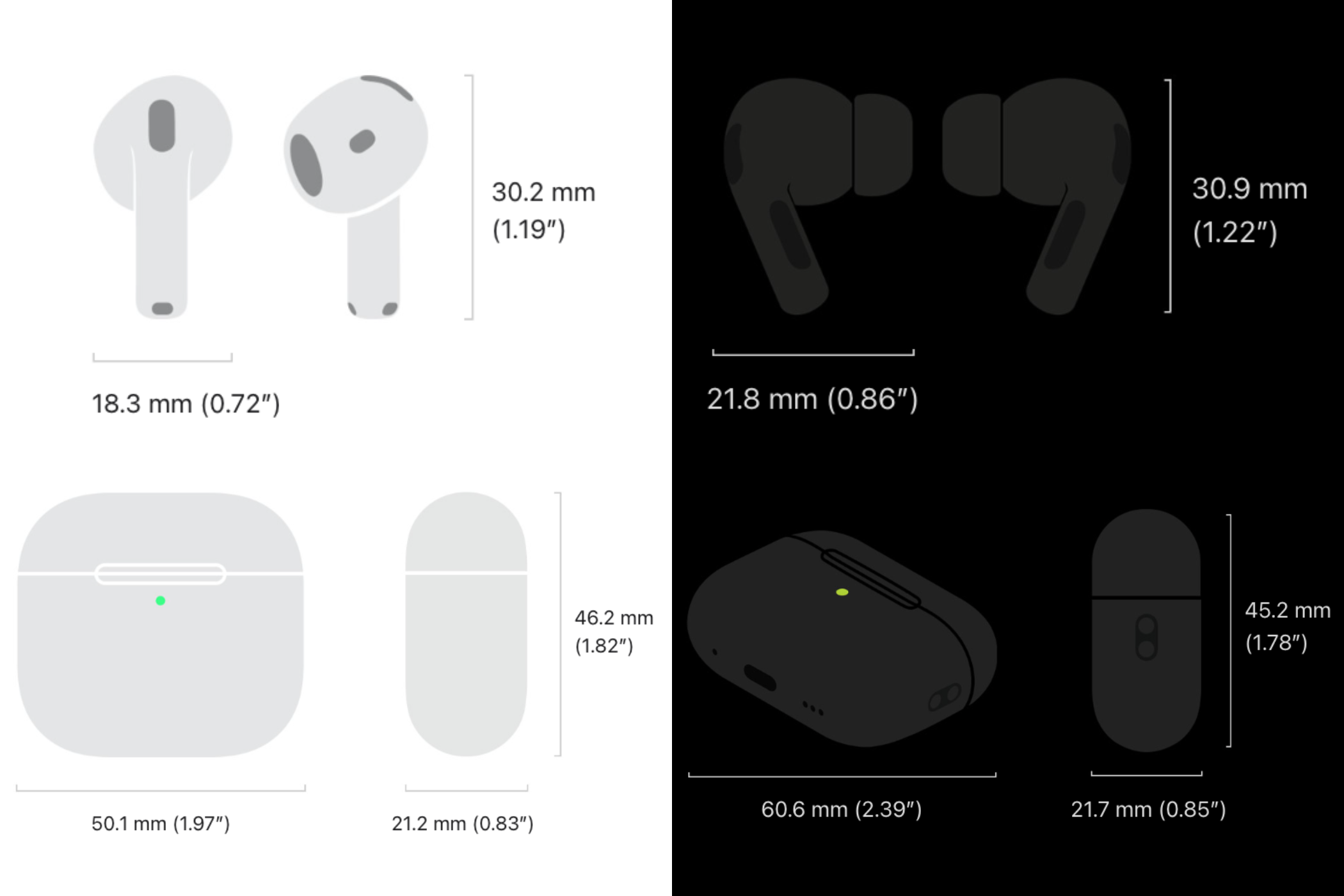 DImensions of the AirPods 4 and the AirPods Pro 2.