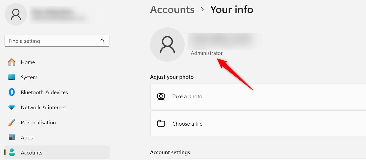 Checking the account type in the Windows Settings app.