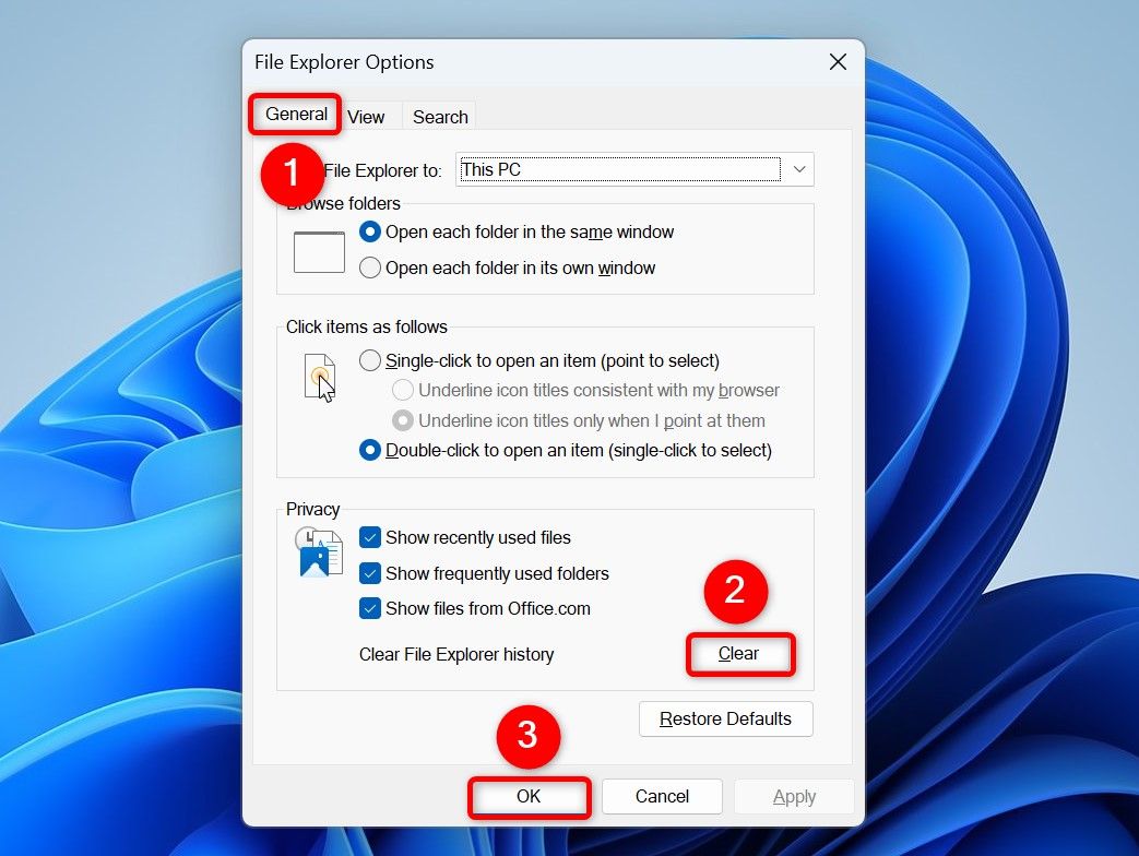 "General," "Clear," and "OK" highlighted in File Explorer Options.