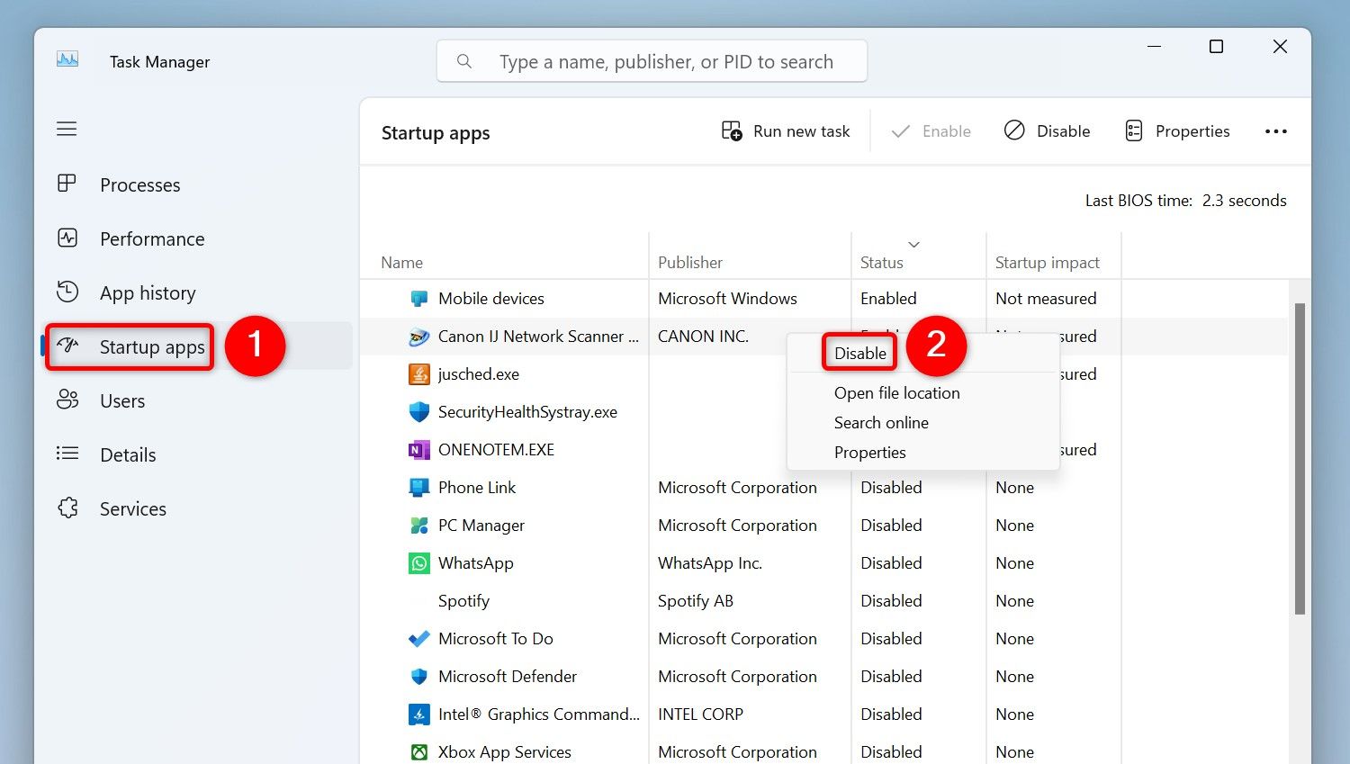 'Startup Apps' and 'Disable' highlighted in Task Manager.