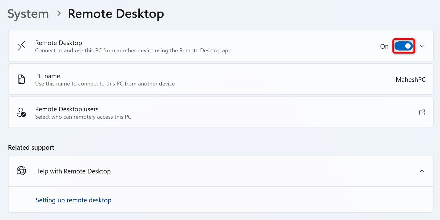 The 'Remote Desktop' toggle highlighted in Settings.