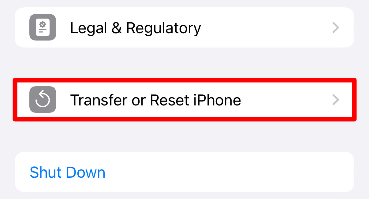 Transfer or Reset iPhone option in Settings.