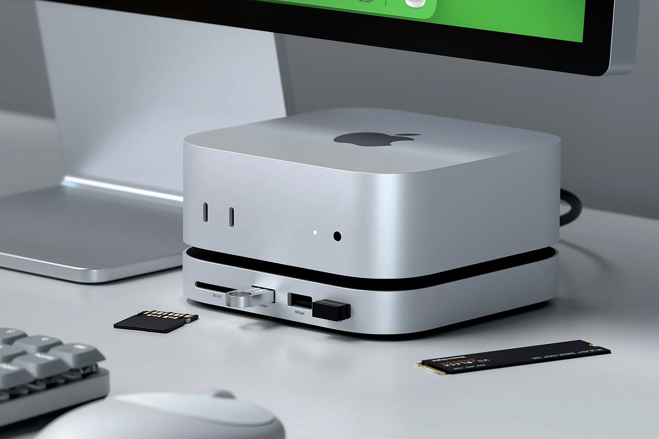 The Satechi M4 Mac Mini Stand & Hub at a desk.