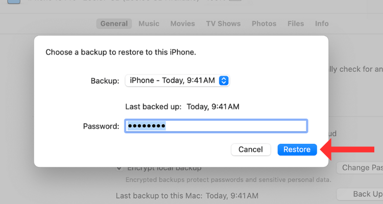 Screenshot of the backup selector with an arrow next to the restore button.