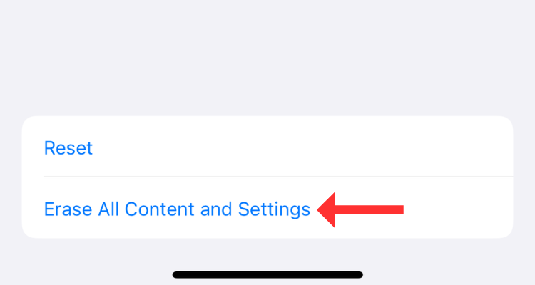 Screenshot of the Erase All Content and Settings option in iPhone's settings menu.