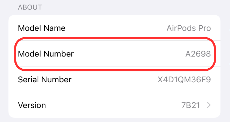 Screenshot of the AirPods options menu highlighting the module number.