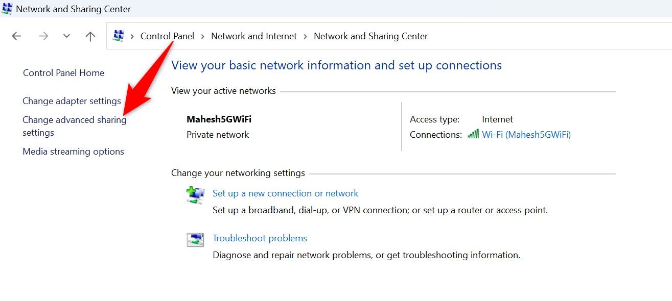 "Change Advanced Sharing Settings" highlighted in Control Panel.