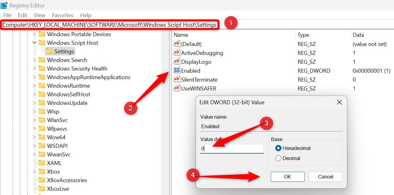 Disabling Windows Script Host in the Registry Editor on Windows.