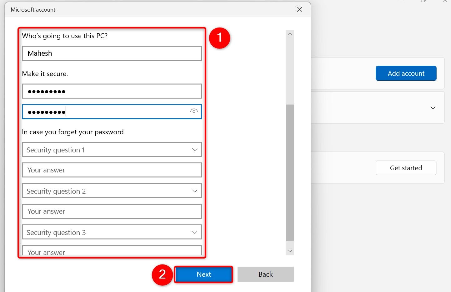 The fields to create a new account highlighted in Settings.