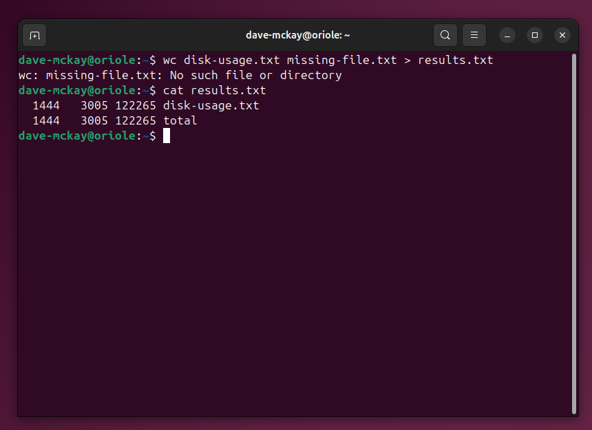 Redirecting stdout to a file, but stderr messages are still displayed in the terminal window.