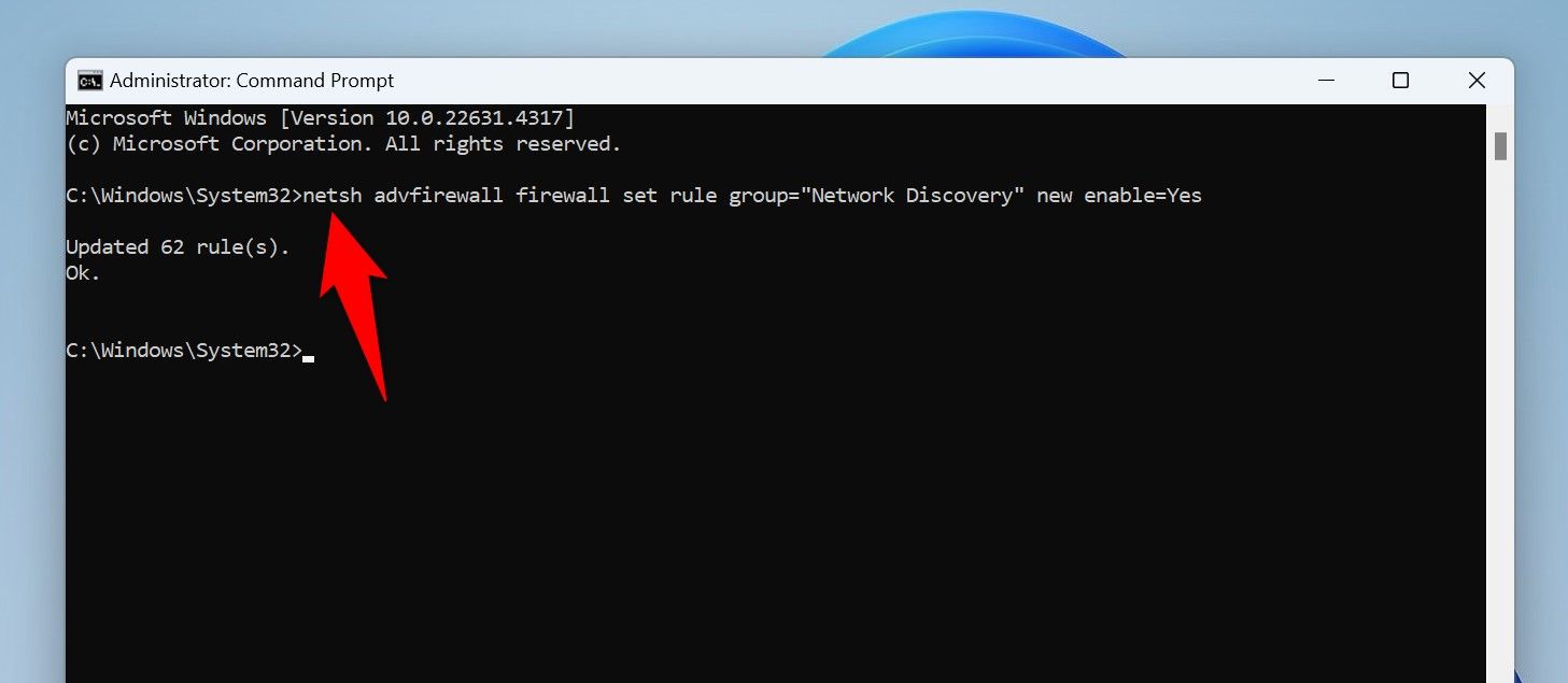 The command to enable Network Discovery typed in Command Prompt.