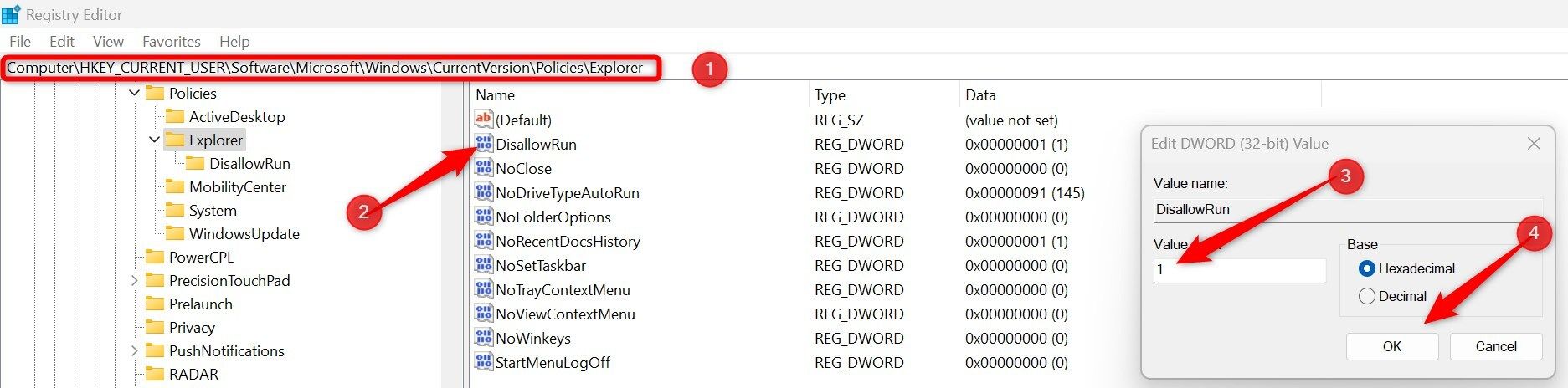 Creating a 'DisallowRun' DWORD Value in the Explorer key in Registry Editor on Windows.