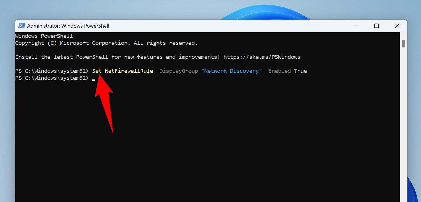 The cmdlet to enable Network Discovery typed in PowerShell.