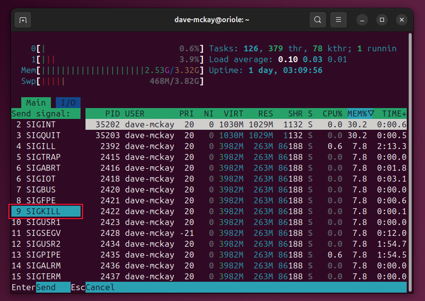 The htop program with the signal type menu displayed and the SIGKILL option highlighted.