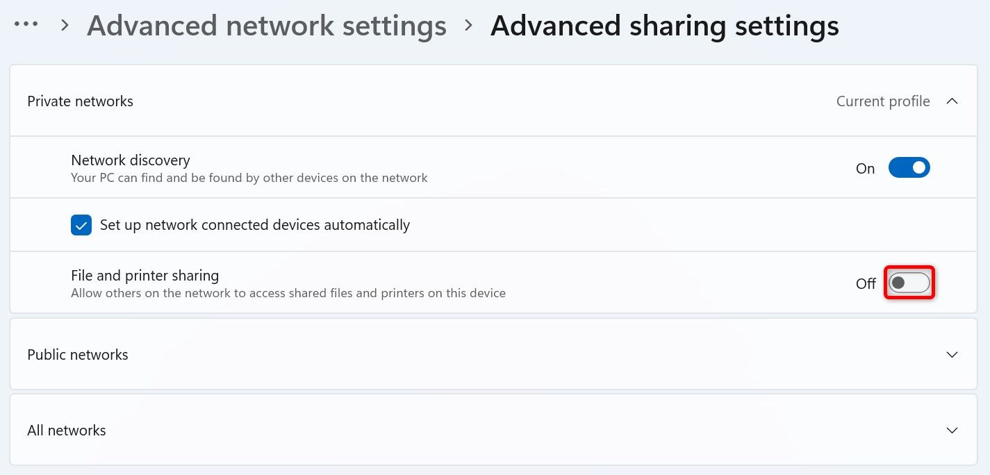 The "File and Printer Sharing" toggle highlighted in Settings.