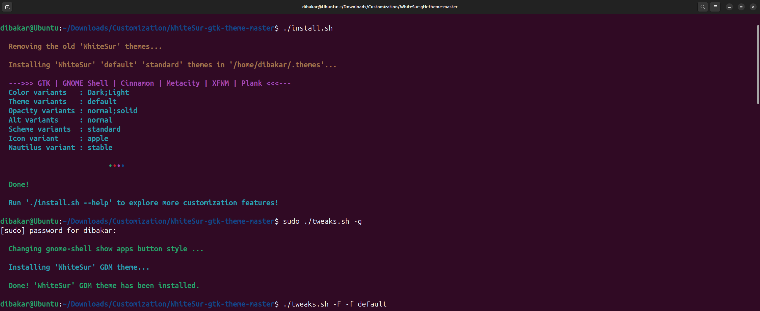Installing Whitesur GTK Theme via Terminal.