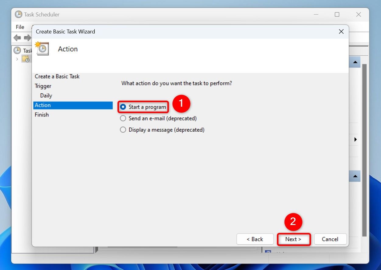 'Start a Program' and 'Next' highlighted in Task Scheduler.