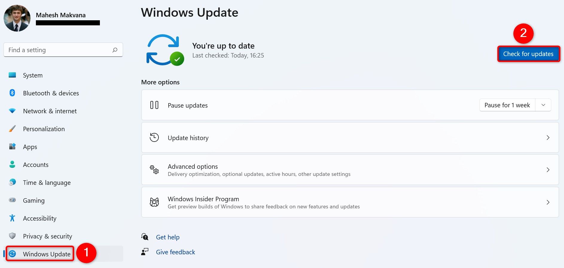 'Windows Update' and 'Check for Updates' highlighted in Settings.