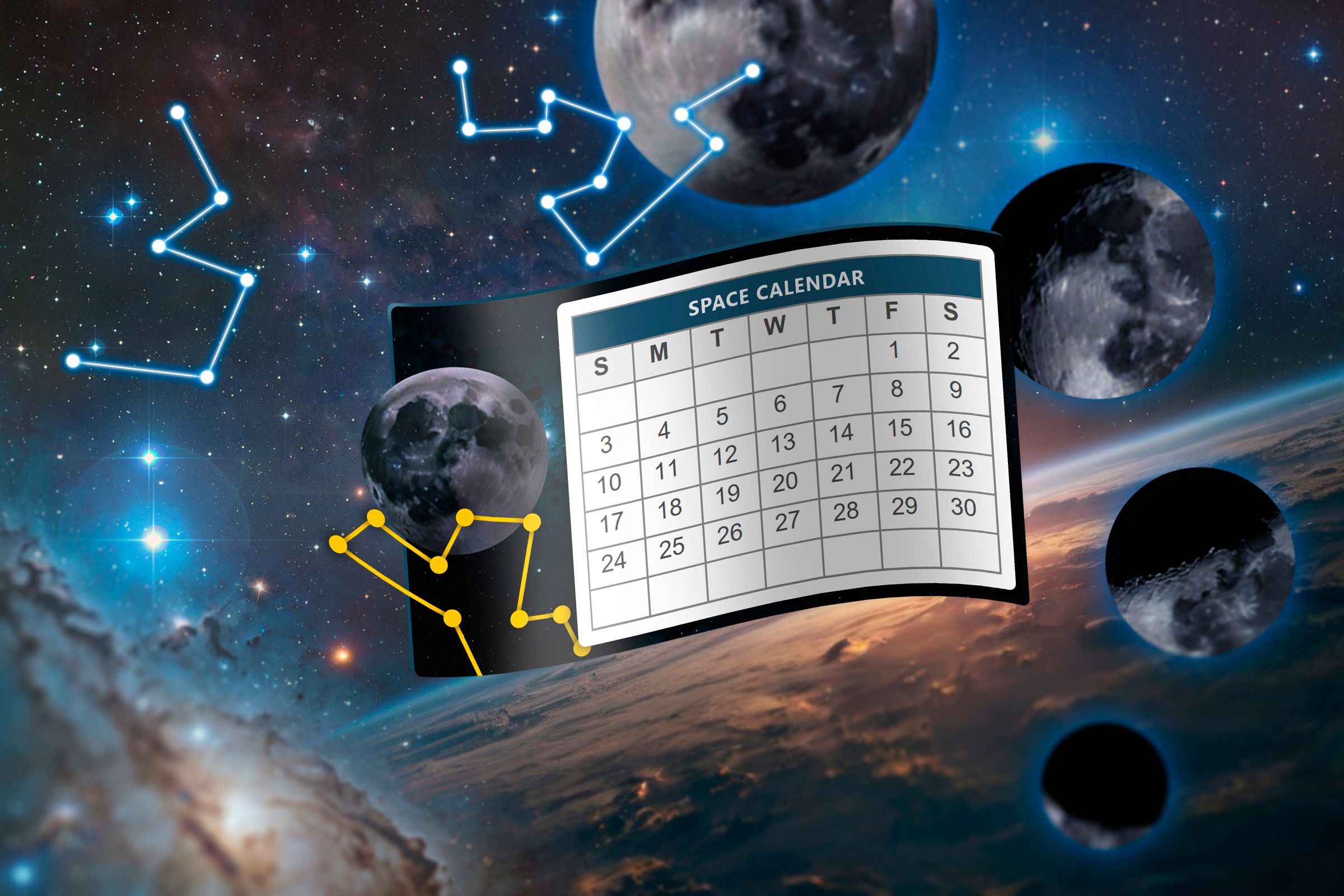 A calendar in space with the moon phases, stars, and constellations.