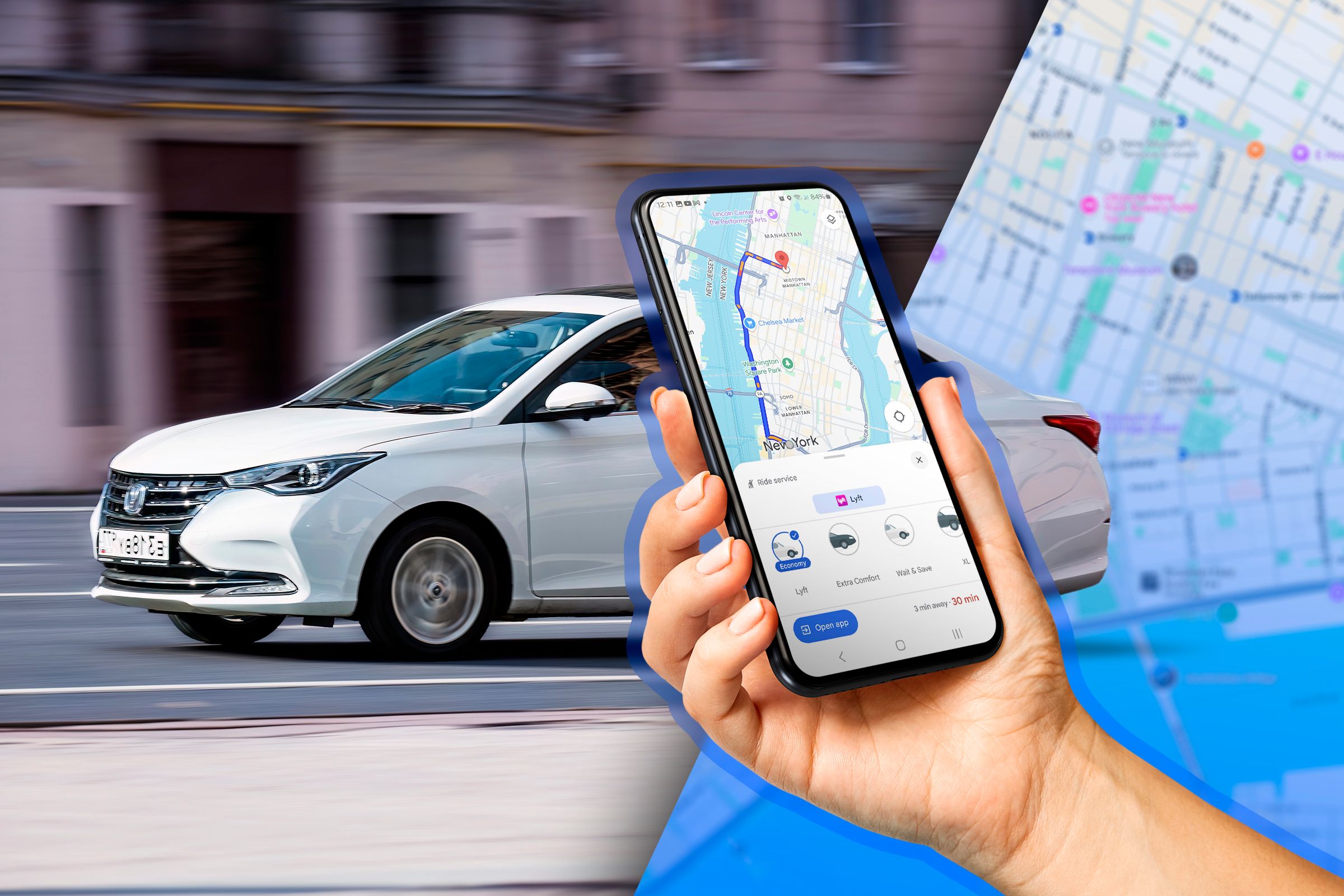 A hand holding a phone ordering a car on Google Maps, with a map and a car in the background.