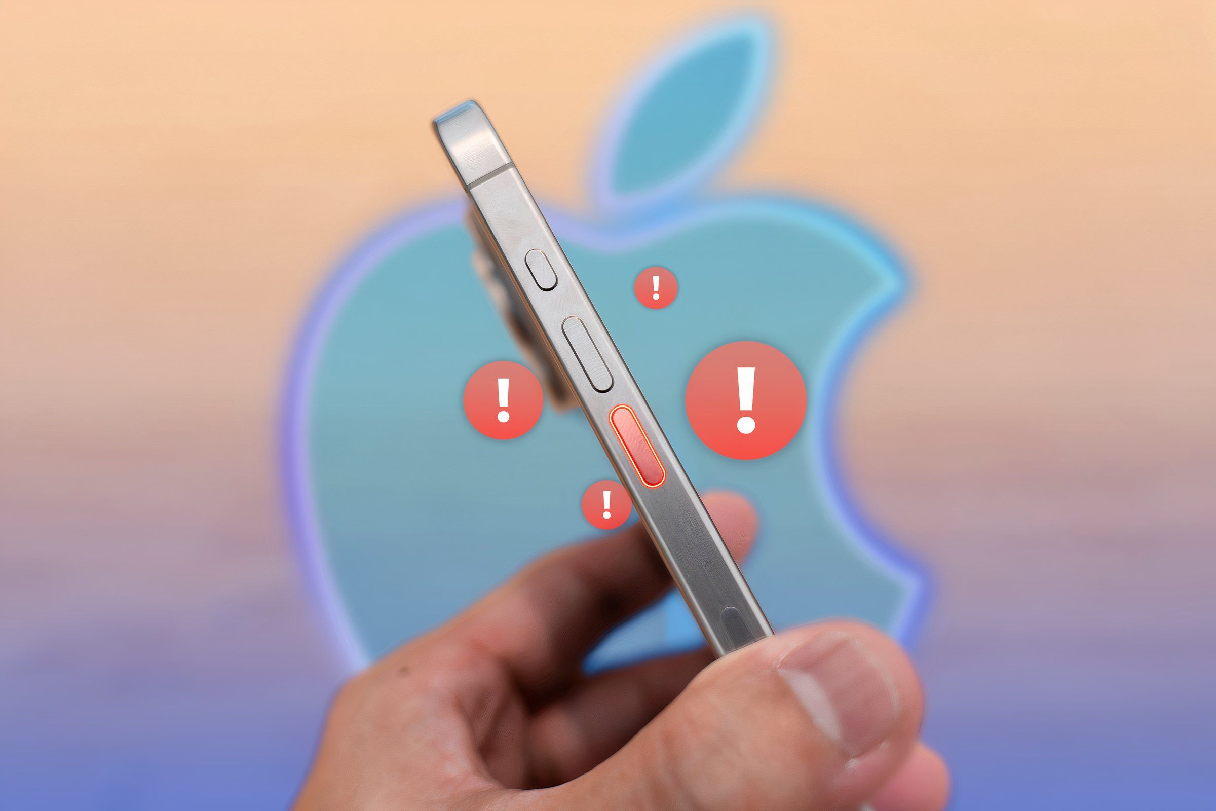 A hand holding an iPhone highlighting the volume down button with some alerts around it.