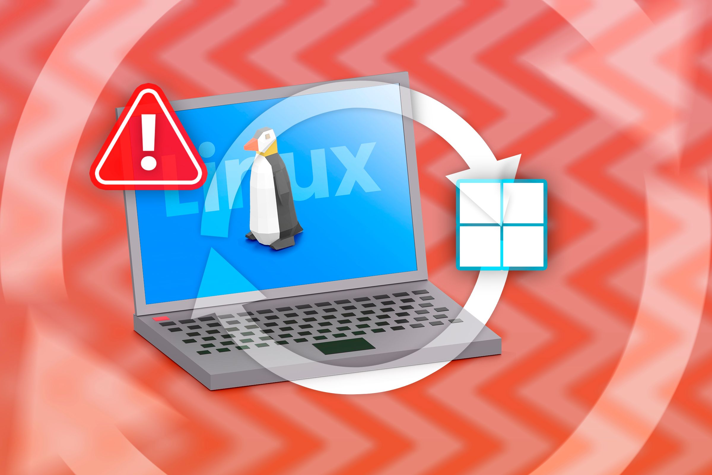 A laptop with Linux, the Windows logo next to it, a swap icon in the center, and a warning sign.