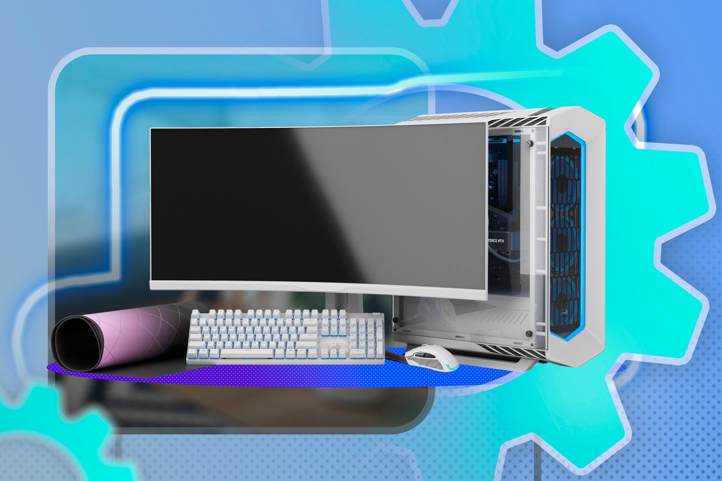 A PC with the monitor, keyboard, mouse, and mousepad near it and a gear icon.