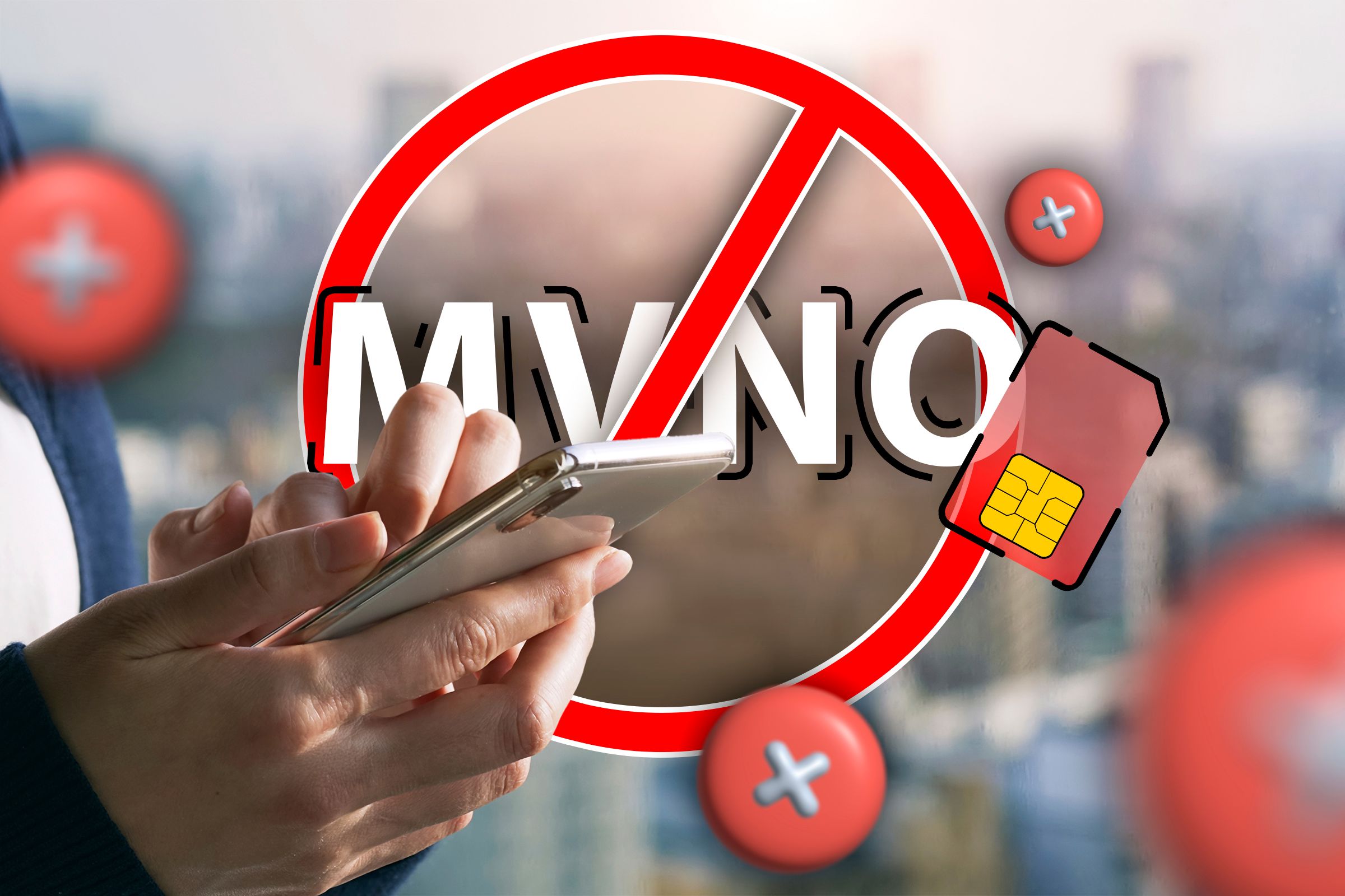 A person holding a phone with 'MVNO' crossed out in the background and several 'x' marks around.