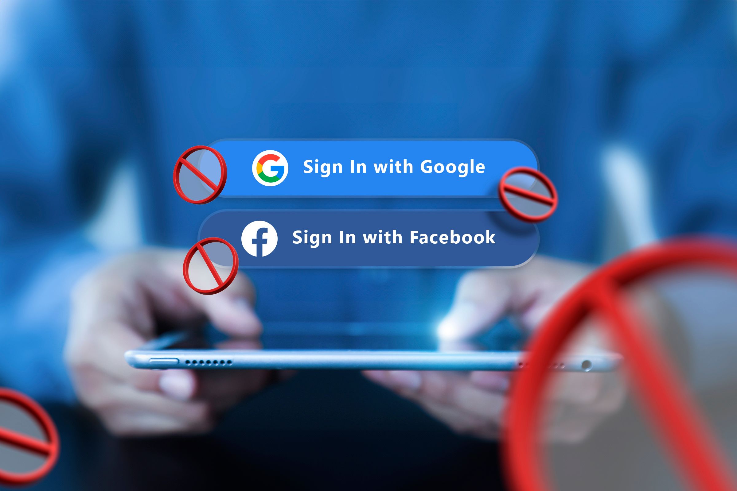 A person holding a tablet with the 'Sign in with Google' and 'Sign in with Facebook' buttons above the screen.