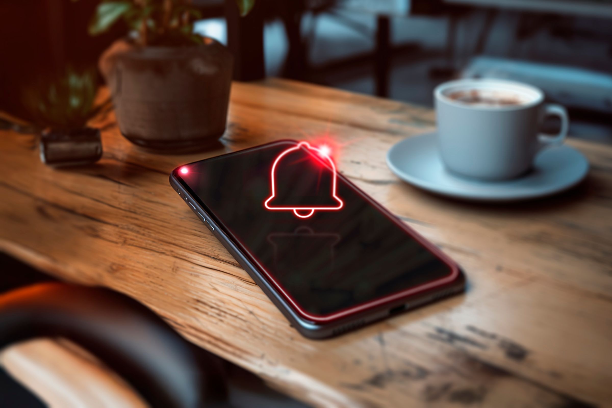 A phone on a wooden surface with a notification icon hovering above the screen and an LED.