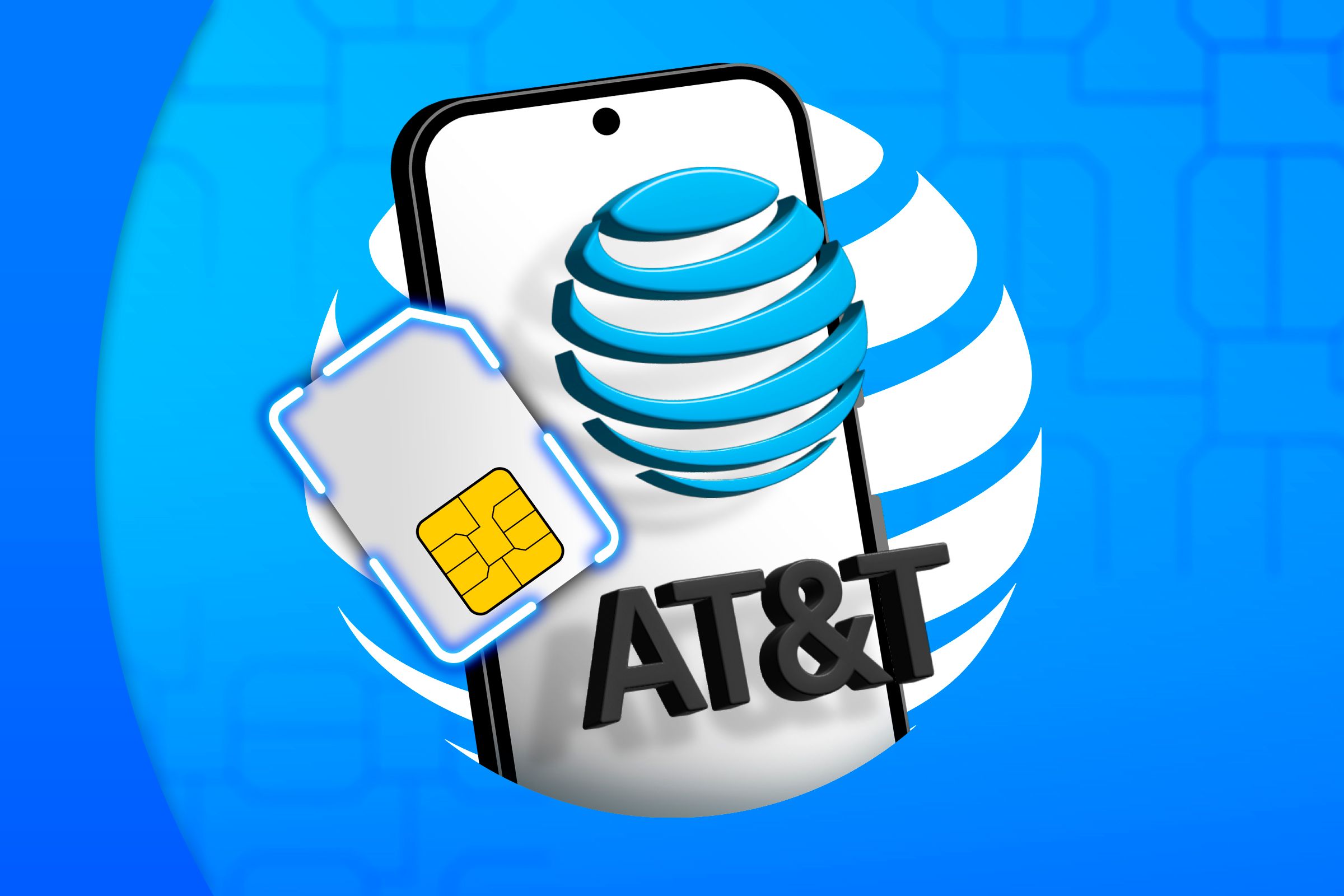 A phone with the AT&T logo in front of the screen and a SIM card next to it.