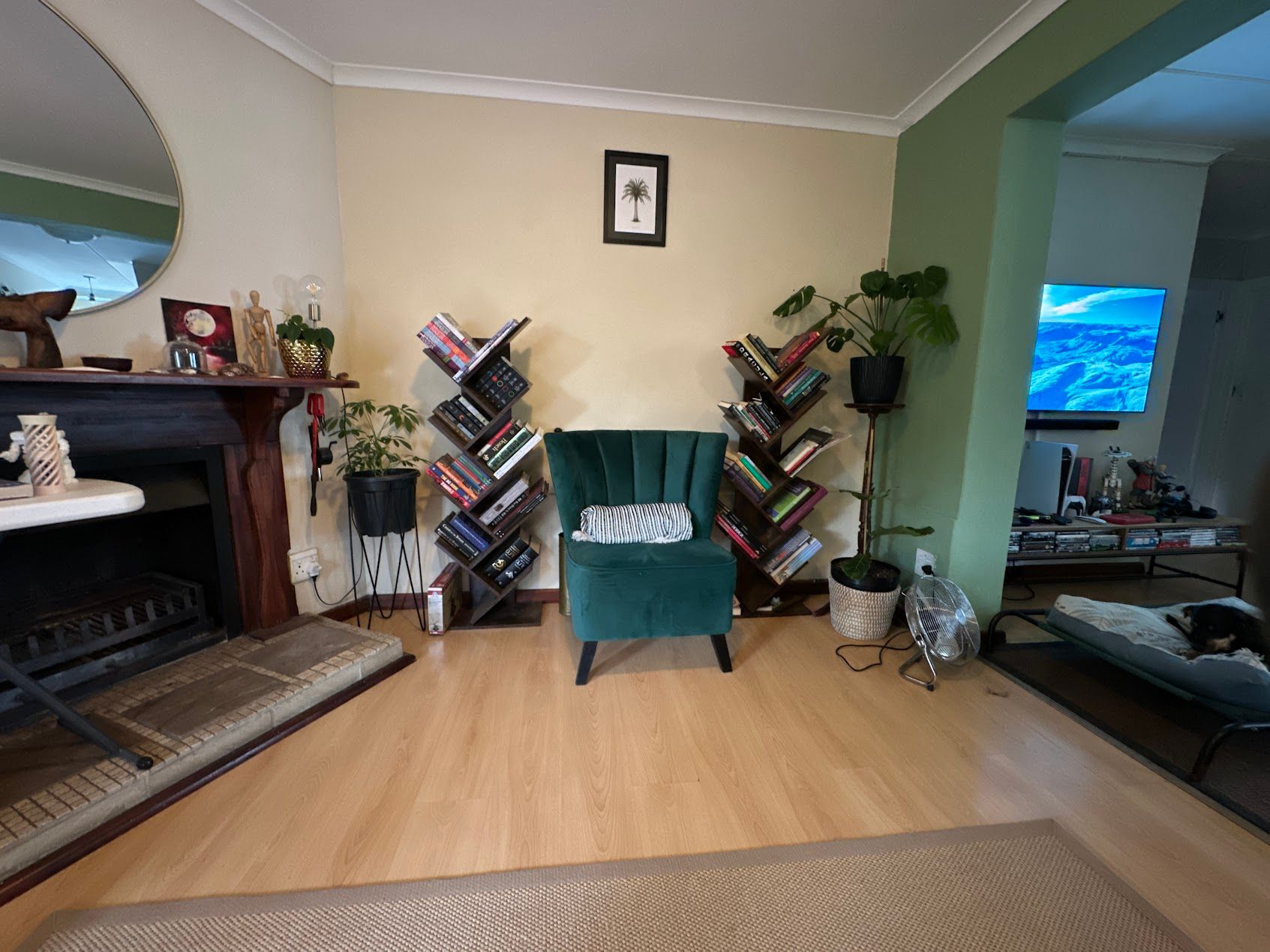 A photo of a chair and two bookshelves taken with an iPhone 14 Pro ultrawide camera lens.