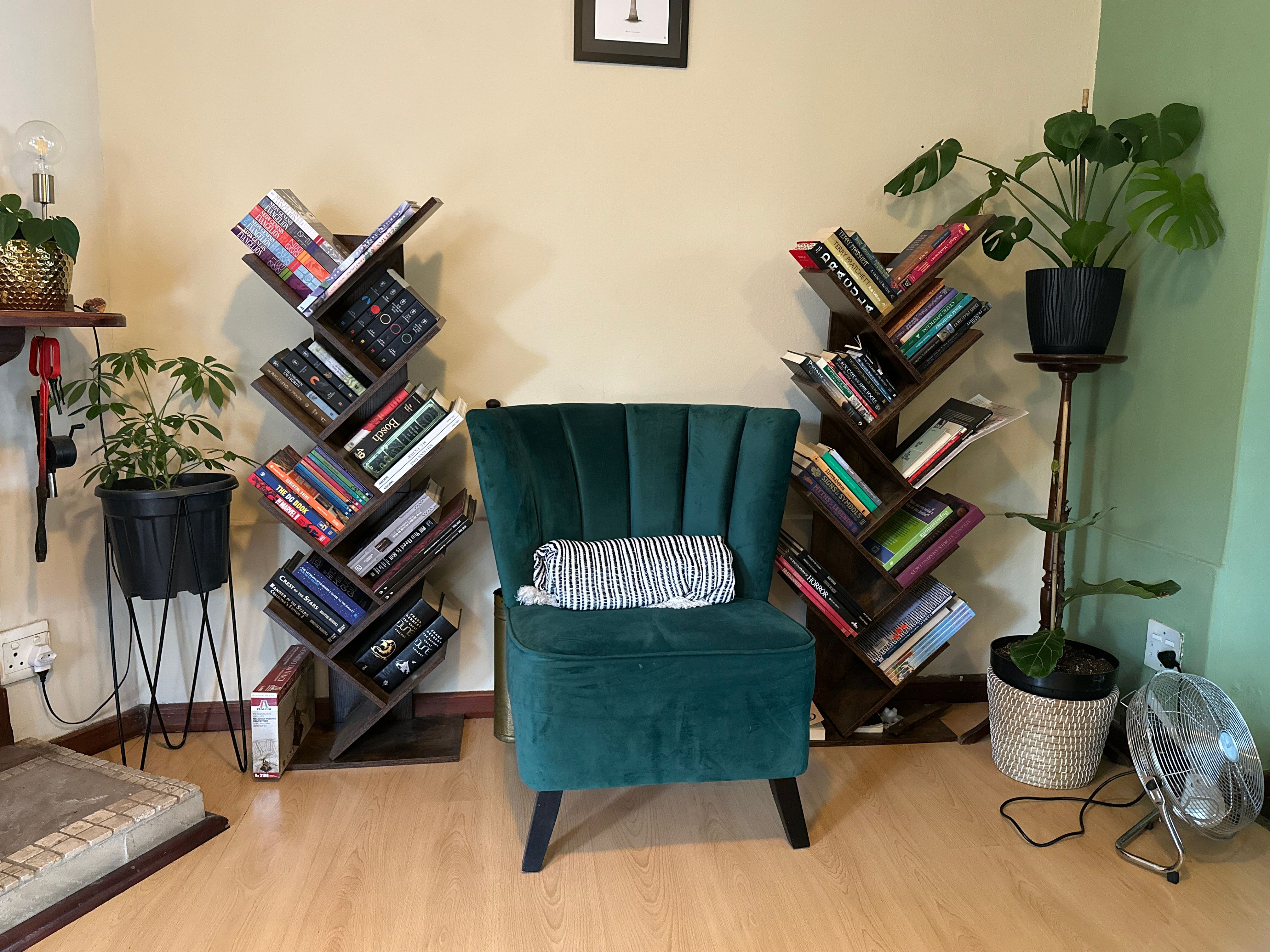 A photo of a chair and two bookshelves taken with an iPhone 14 Pro wide camera lens.