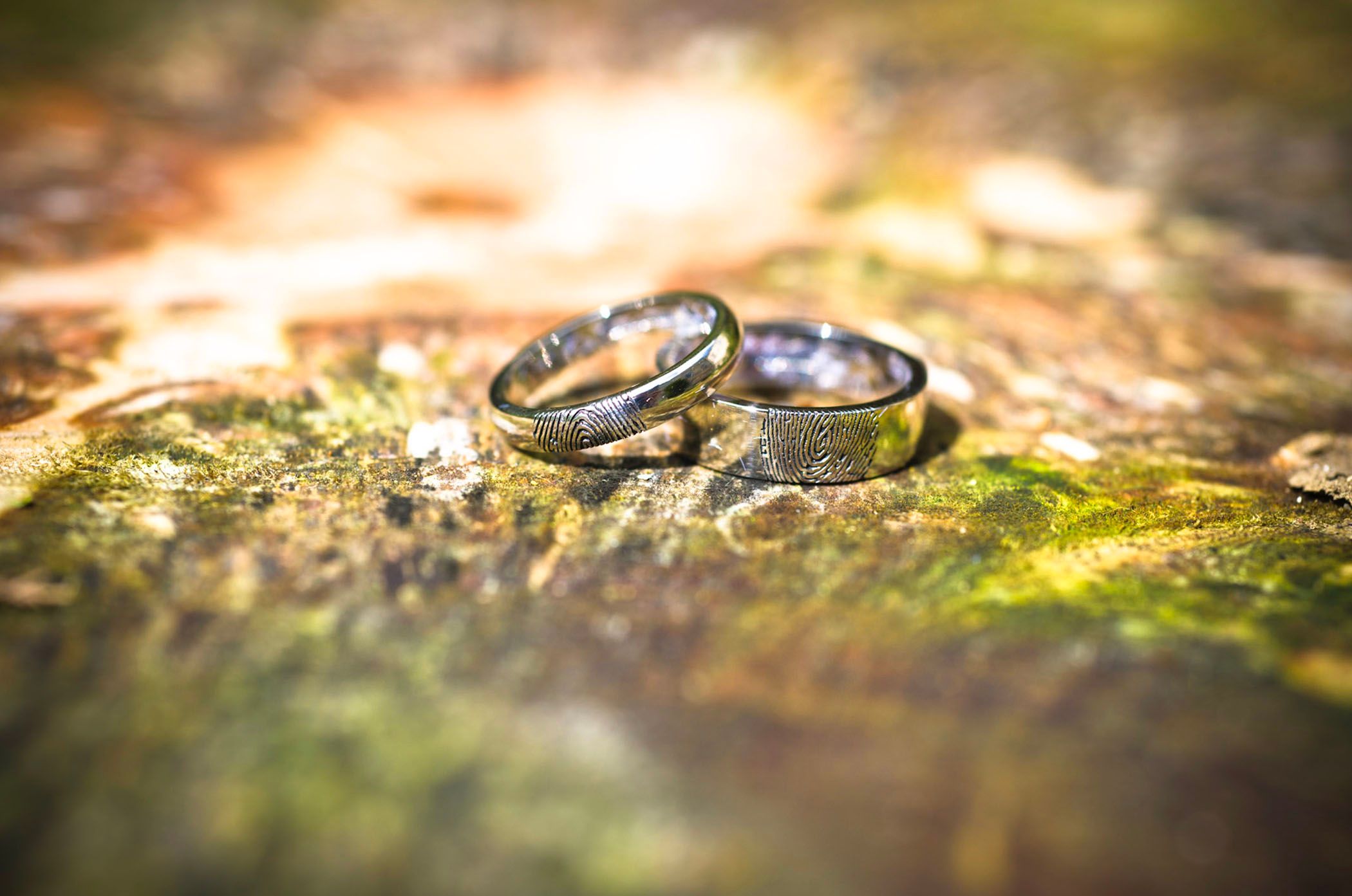 A photo of wedding rings taken with a 90mm macro lens for extremely shallow depth of field.