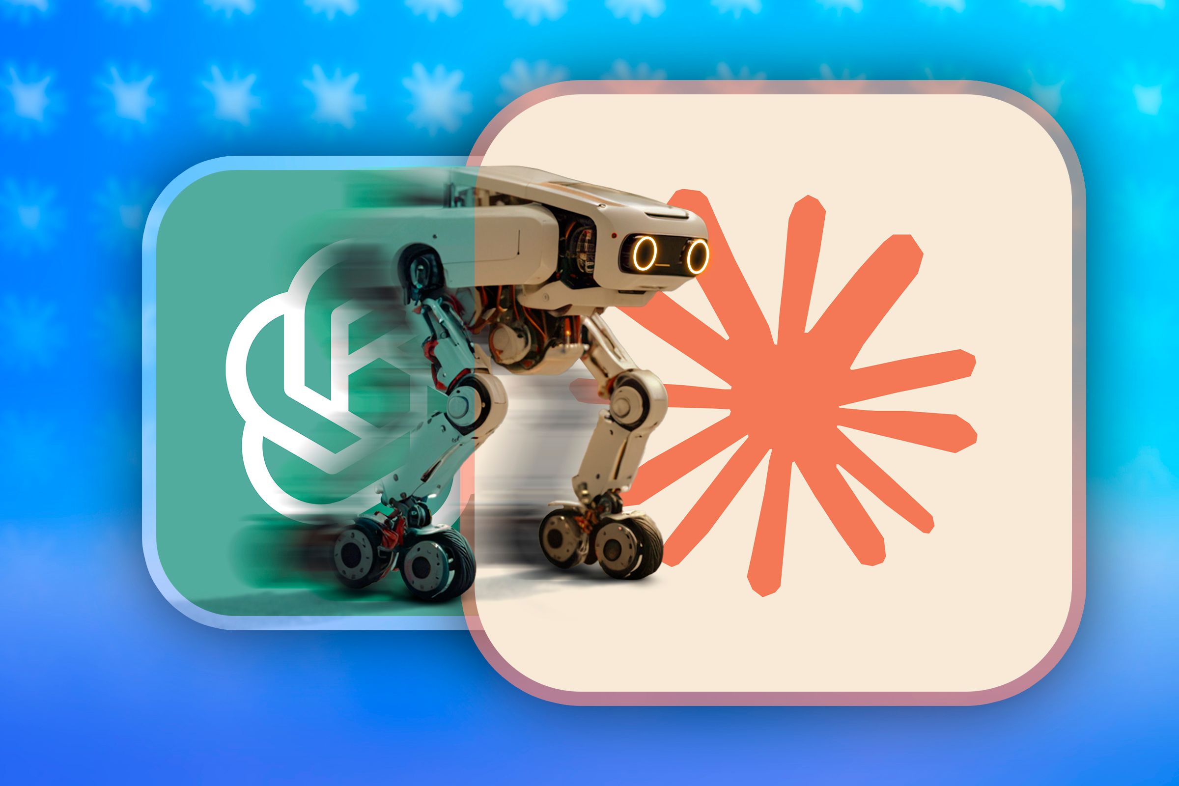 A robot coming out of the ChatGPT logo, heading towards the Claude AI logo.