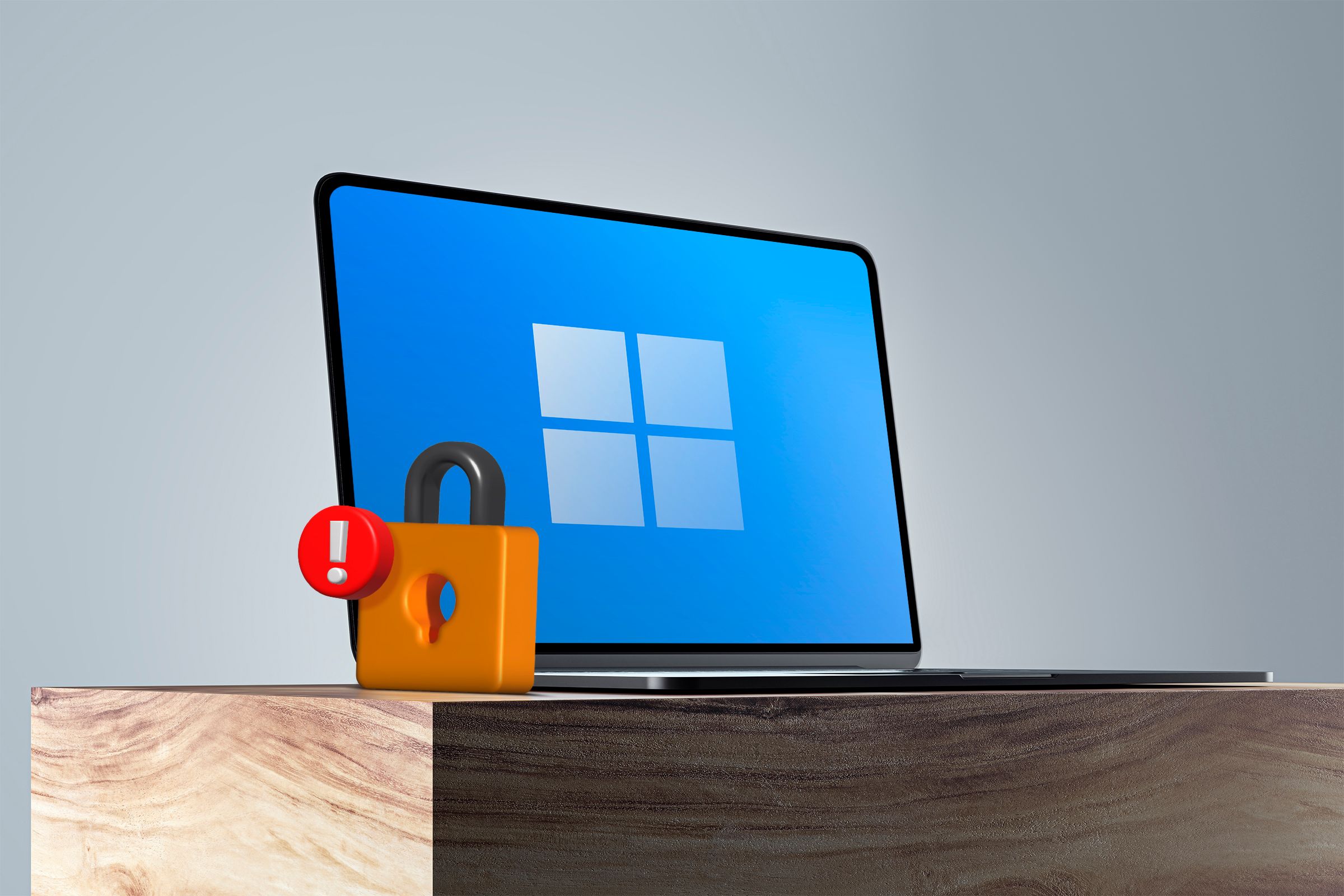 A Windows laptop with a lock and a warning sign next to it.