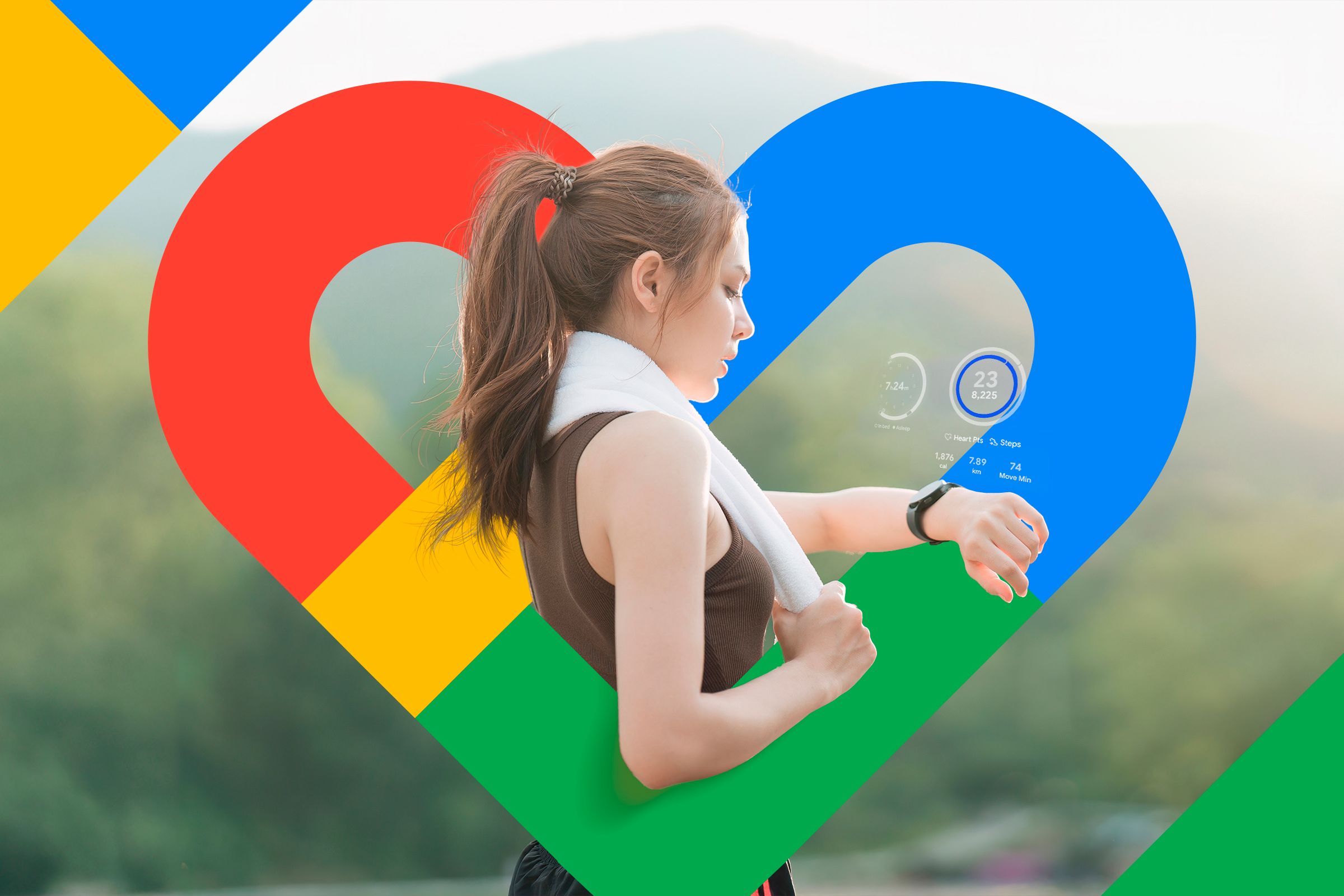 A woman after a run looking at her smartwatch with the Google Fit logo in the center.