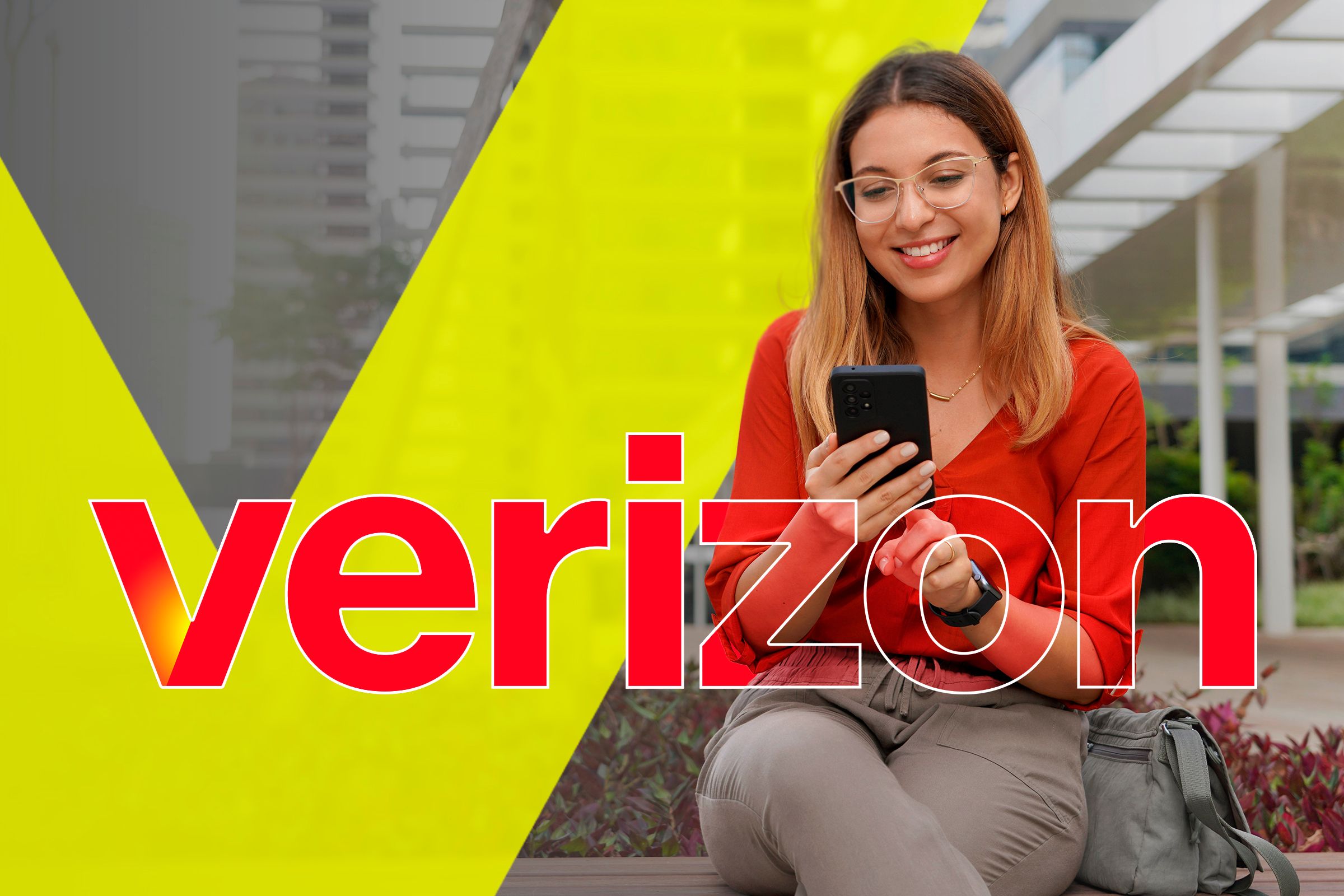 A woman sitting on a bench using her smartphone with the Verizon logo in the center.