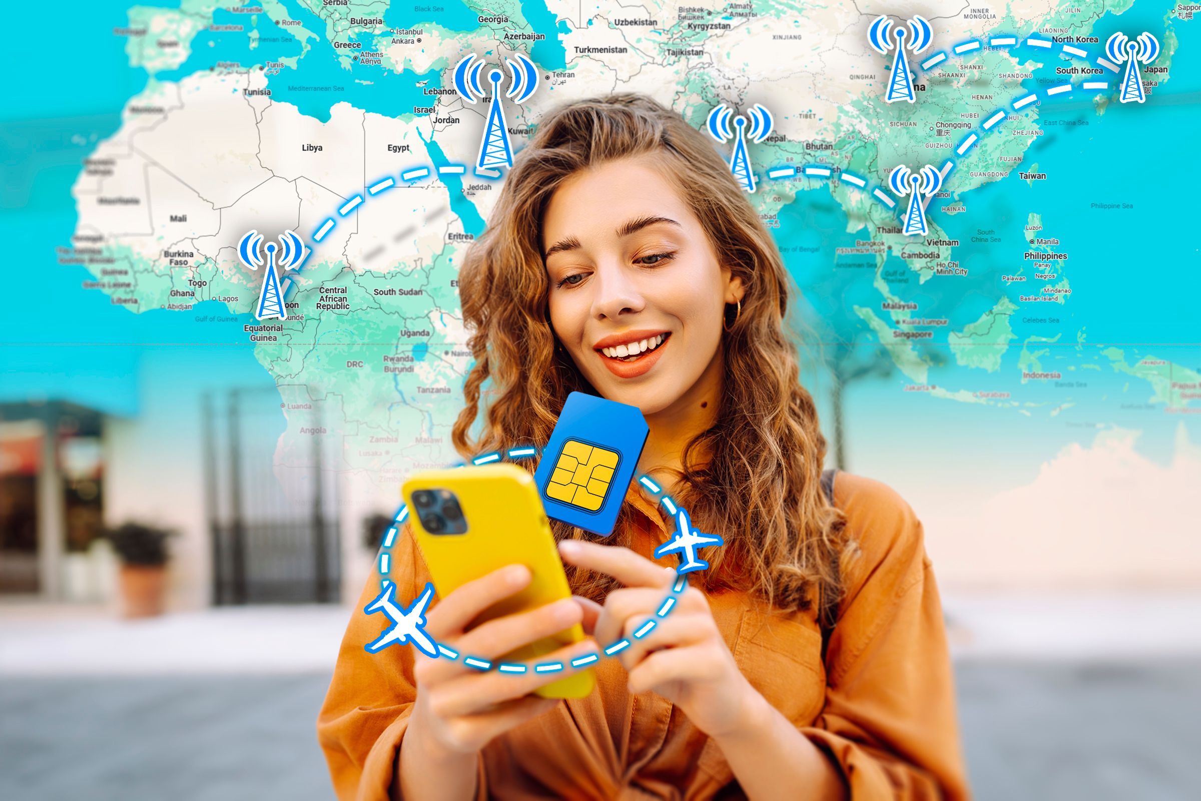 A woman using her phone with a SIM card in front of the screen, an airplane circling the phone, and a map in the background with some mobile data antennas.