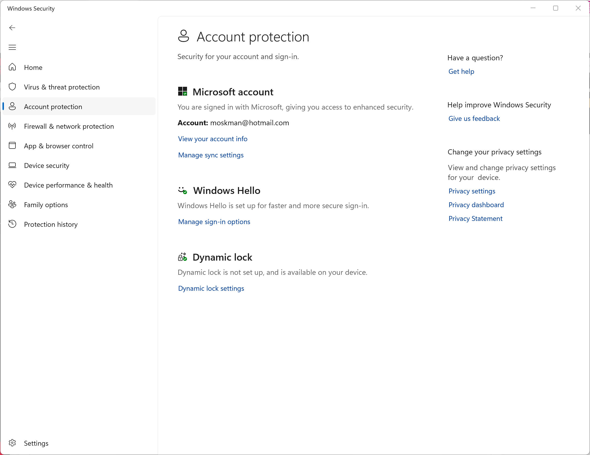 The Account Protection section is used to help secure your Microsoft Account.