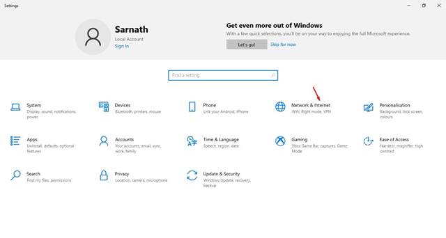 Click on the 'Network & Internet' option