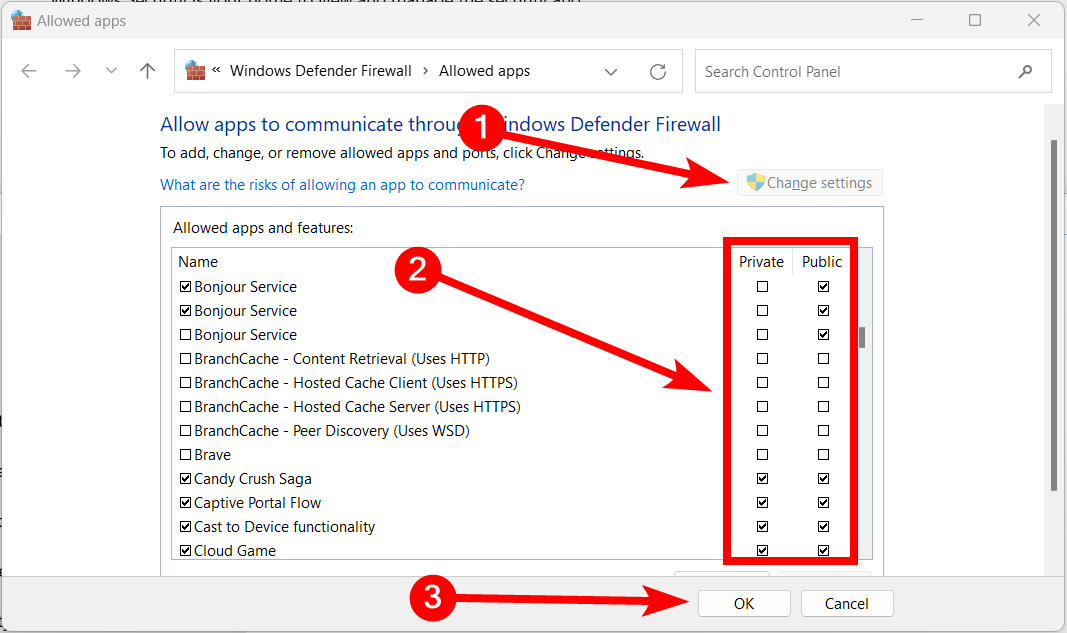 Unblocking an app in the Allowed Apps list in the Windows firewall.