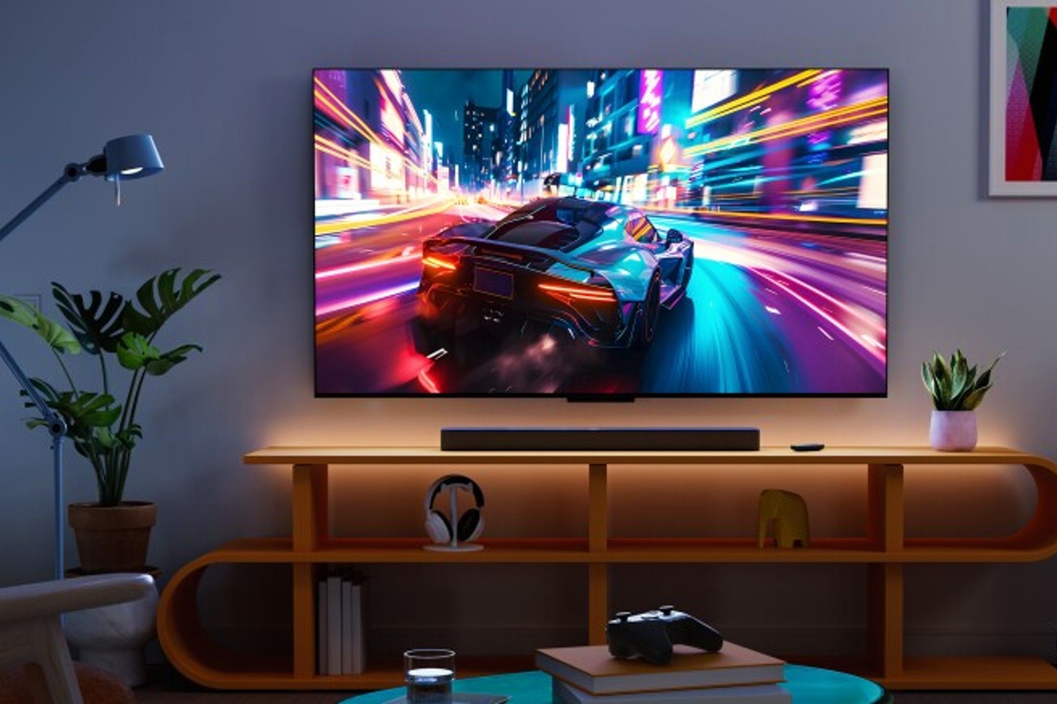 Amazon fire tv omni mini led series playing a racing game on the TV