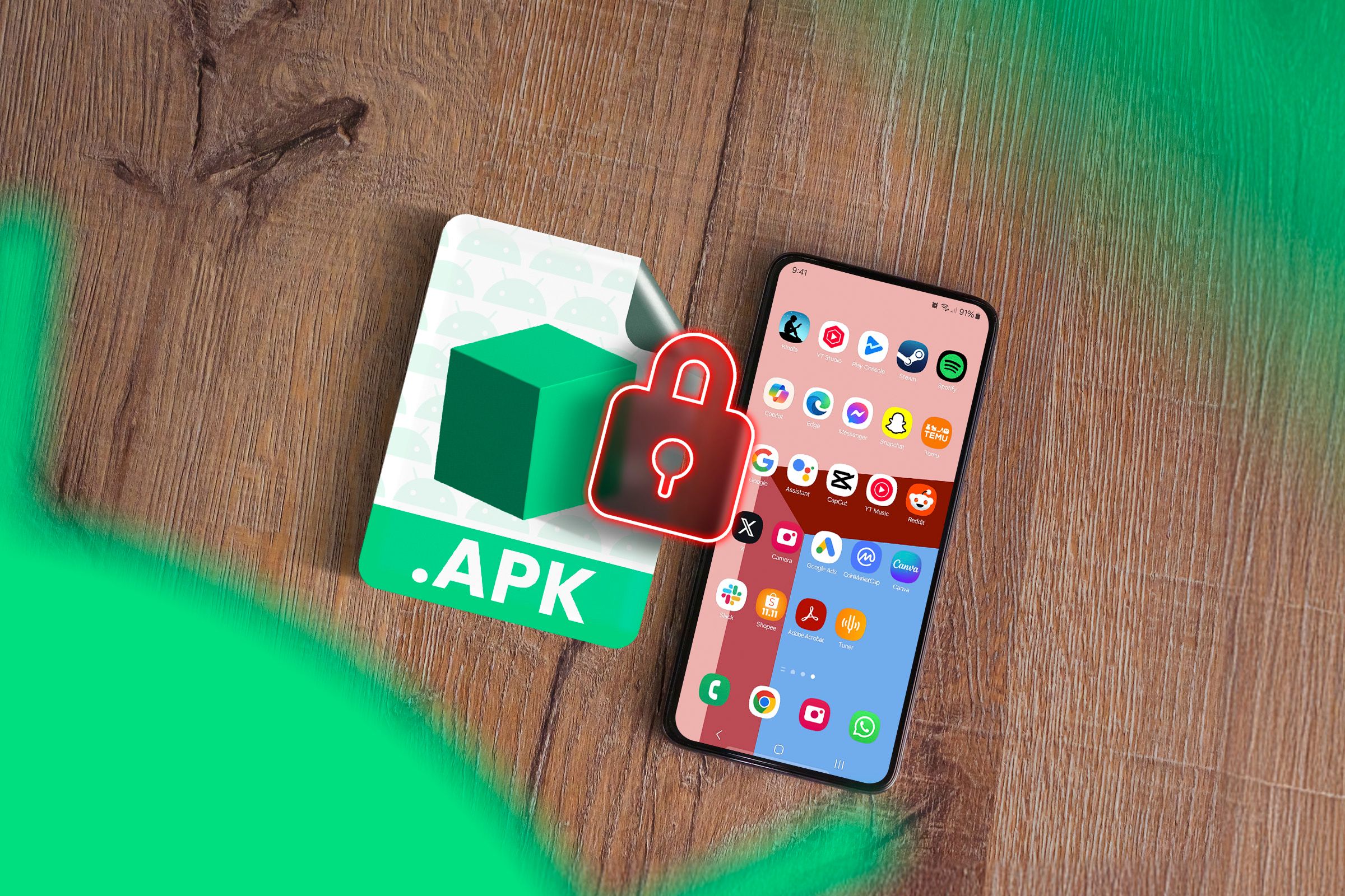 An APK icon next to a smartphone with a padlock between them.