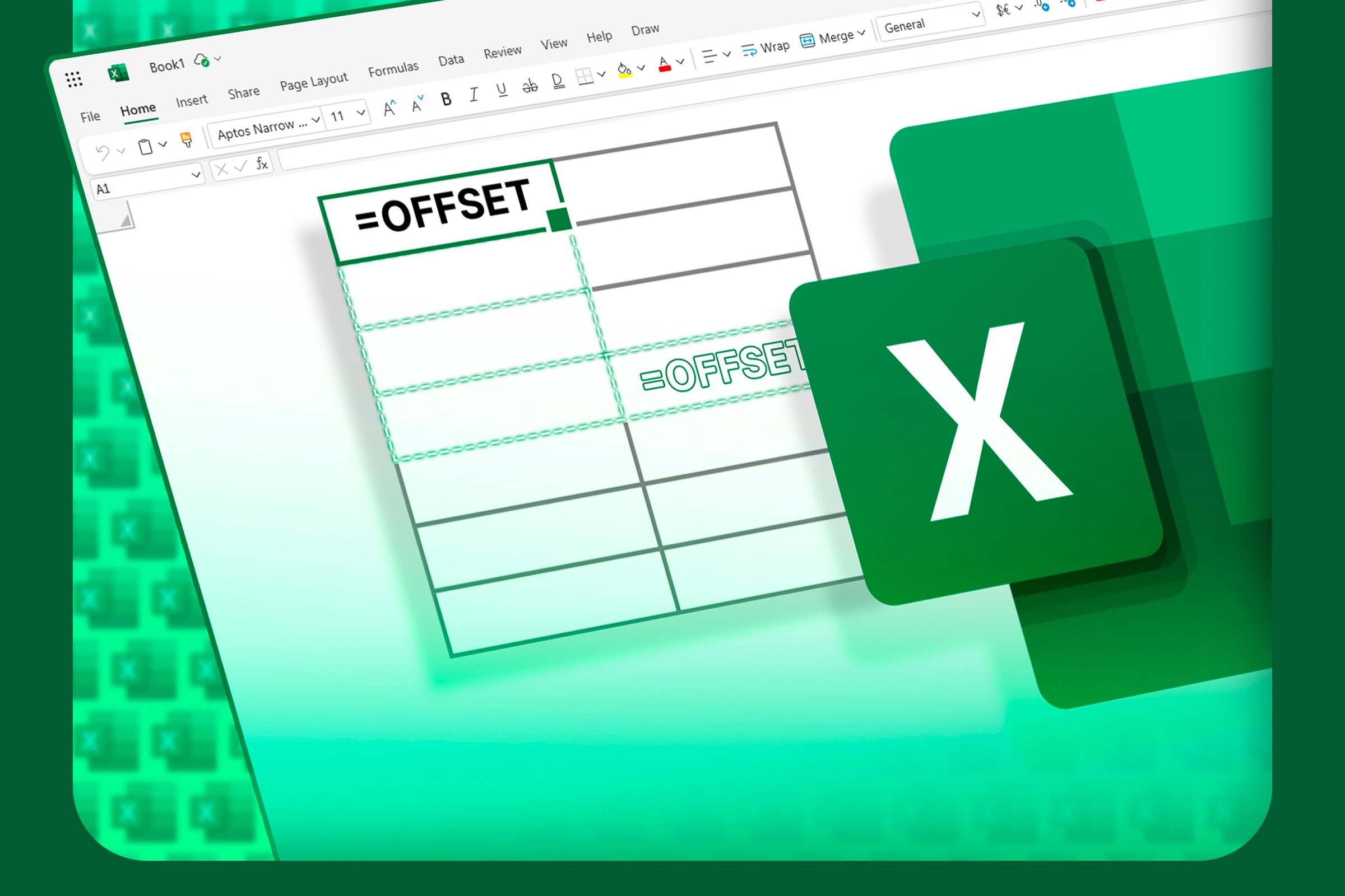 An Excel spreadsheet highlighting the OFFSET function with the Excel logo on the right.