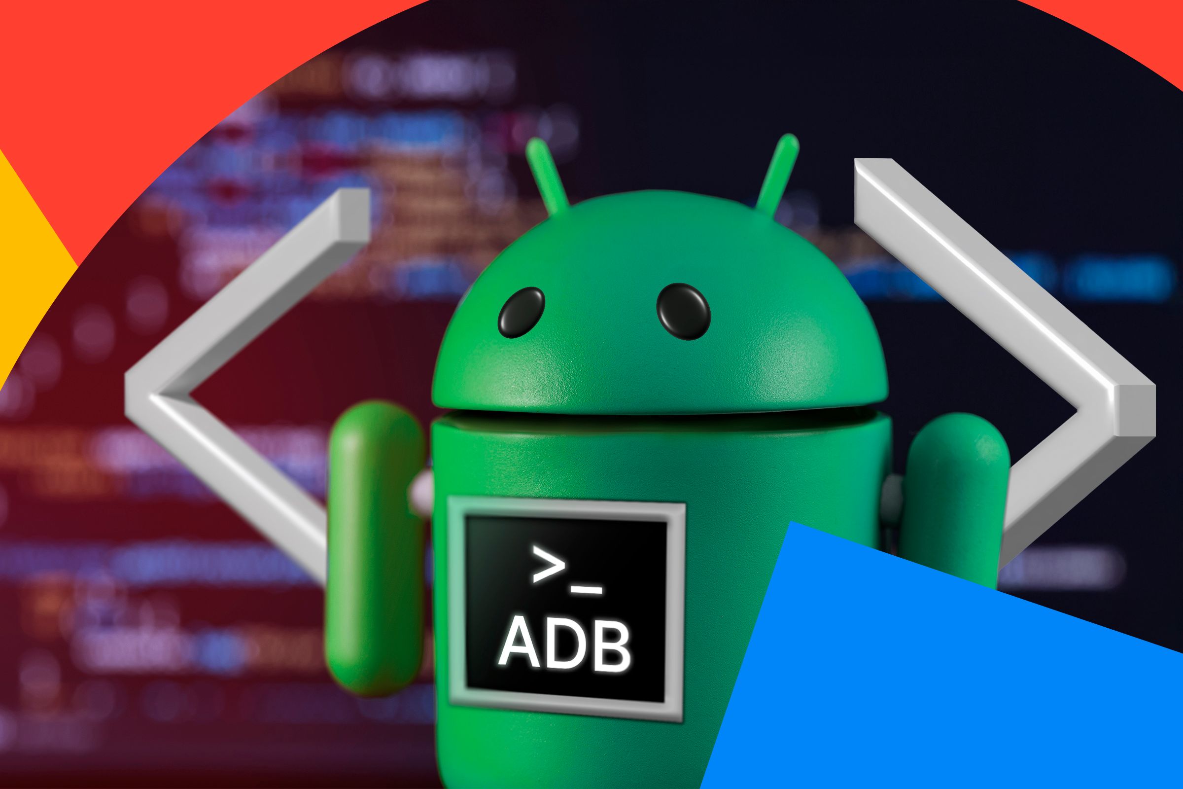 Android mascot with an ADB icon in front and two angle brackets beside it.