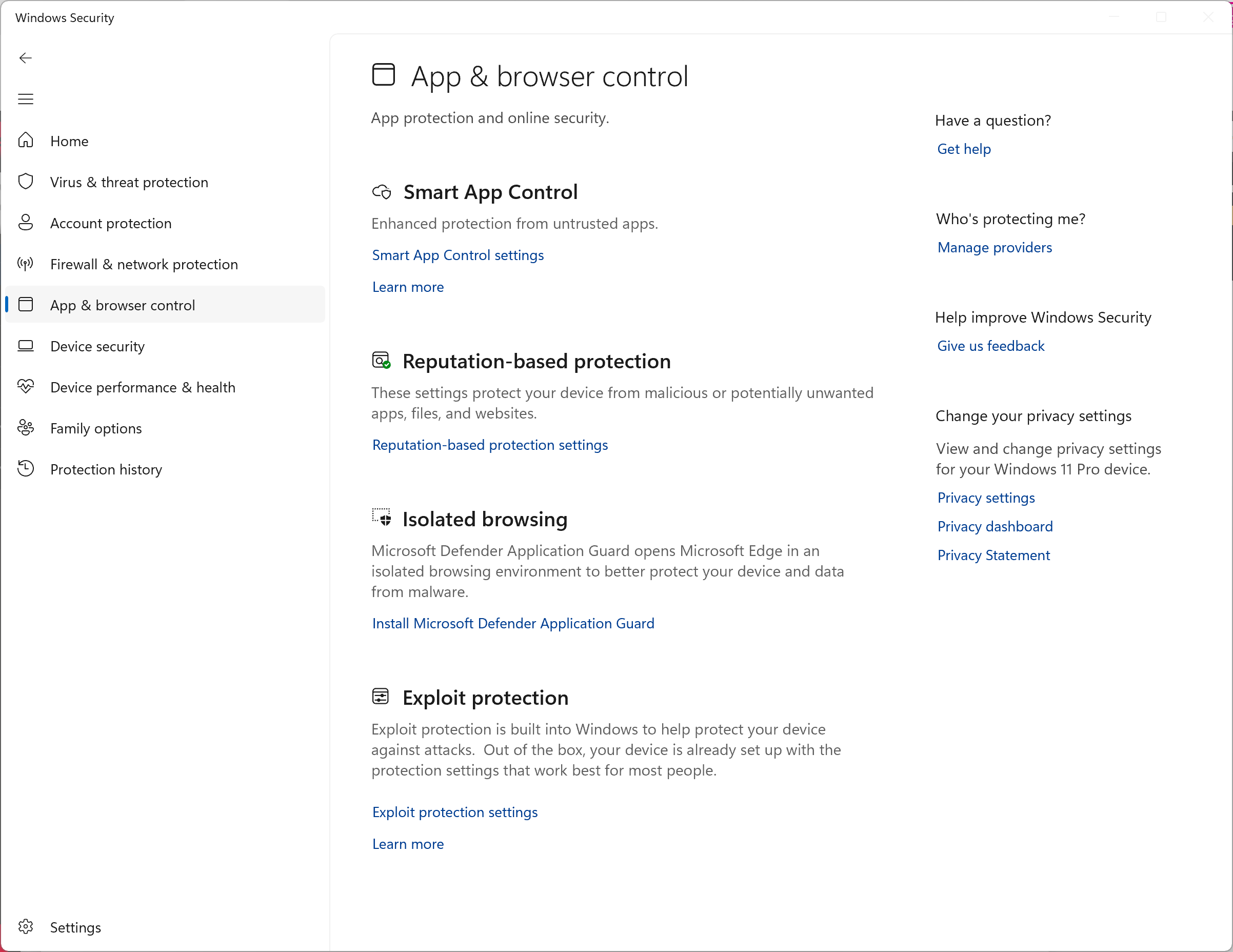 The App and Browser Control section.