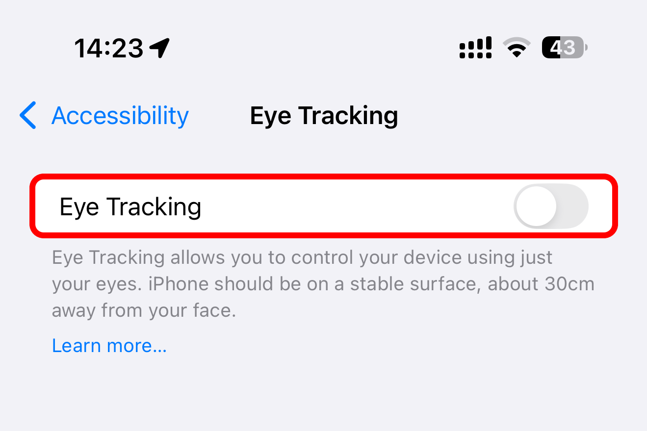 Closeup of the enabled Eye Tracking switch in the iPhone's Settings app.