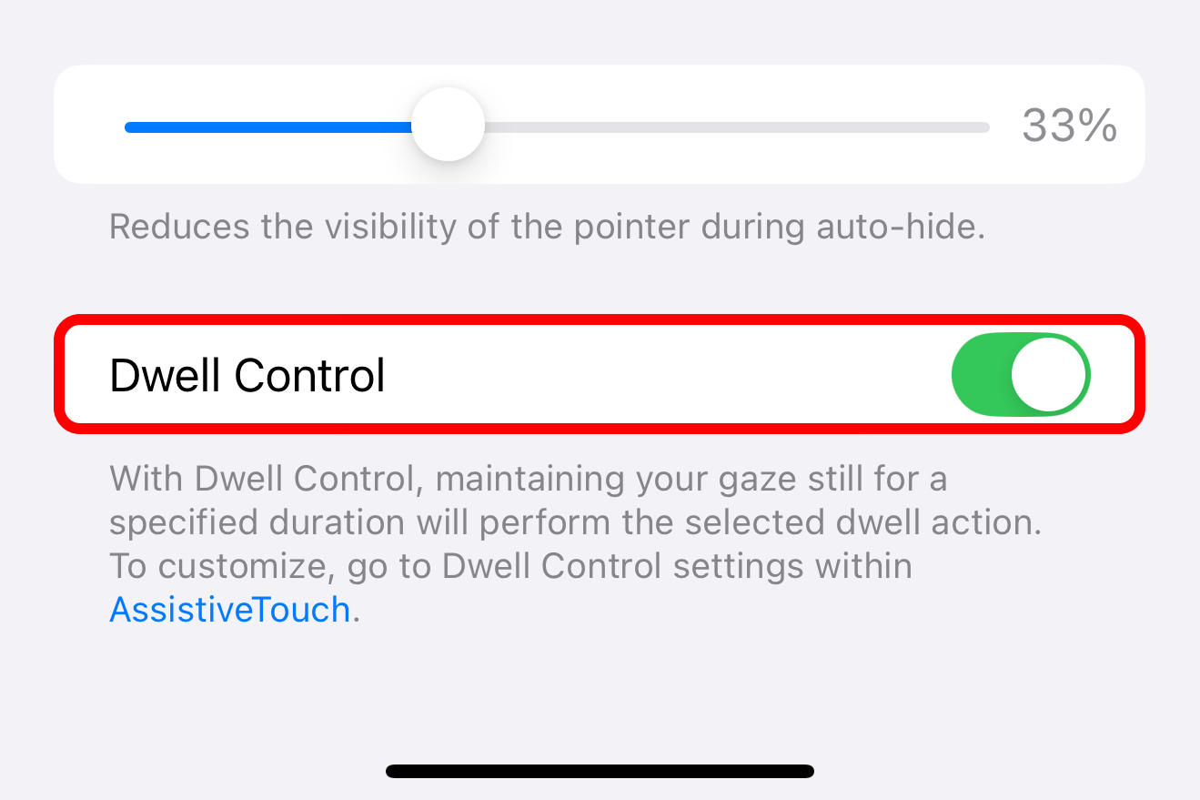 The eye tracking section in Settings on iPhone, with the Dwell Control switch enabled and annotated.